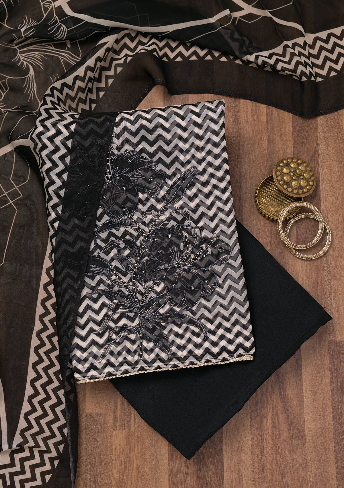 Black Printed Semi Crepe Unstitched Salwar Suit