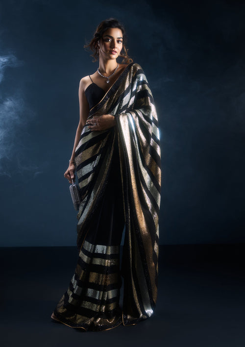 Black Sequins Georgette Designer Saree