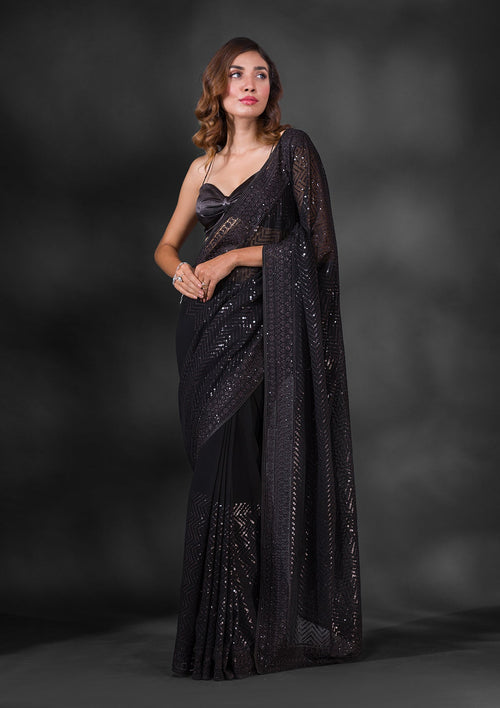 Black Sequins Georgette Designer Saree