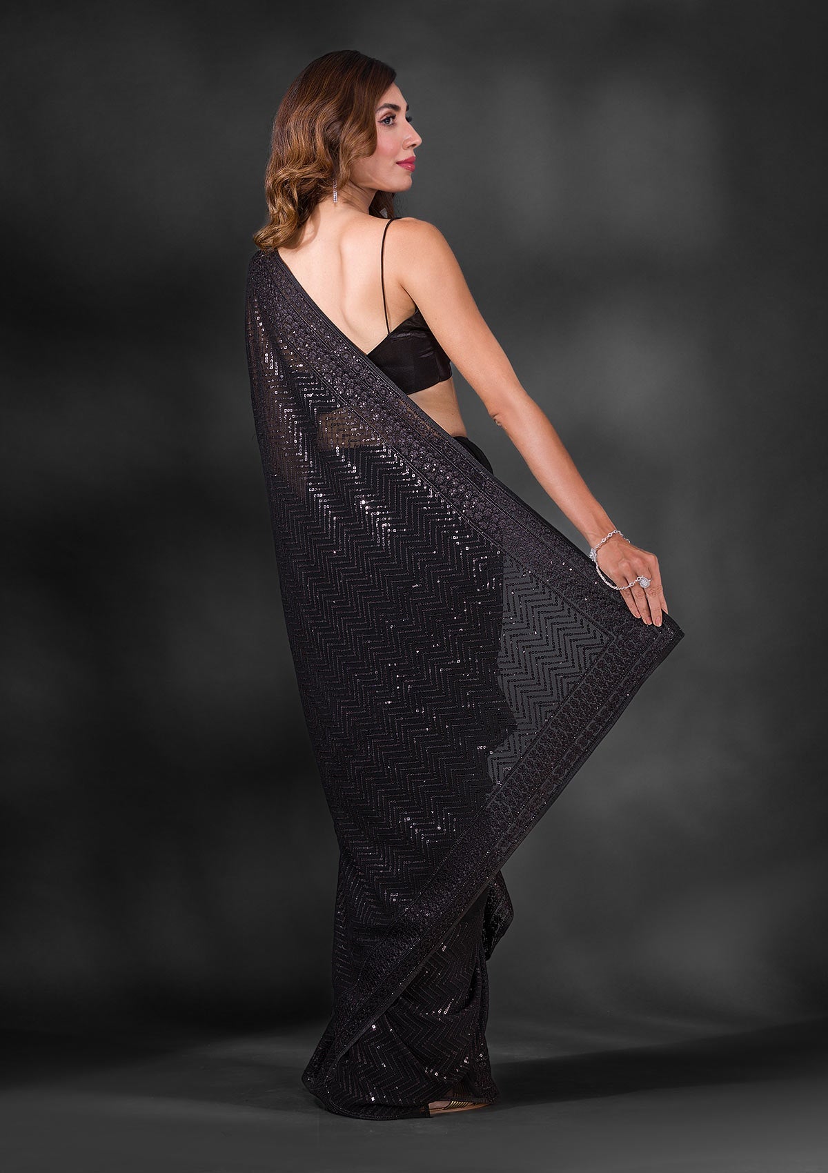 Black Sequins Georgette Designer Saree