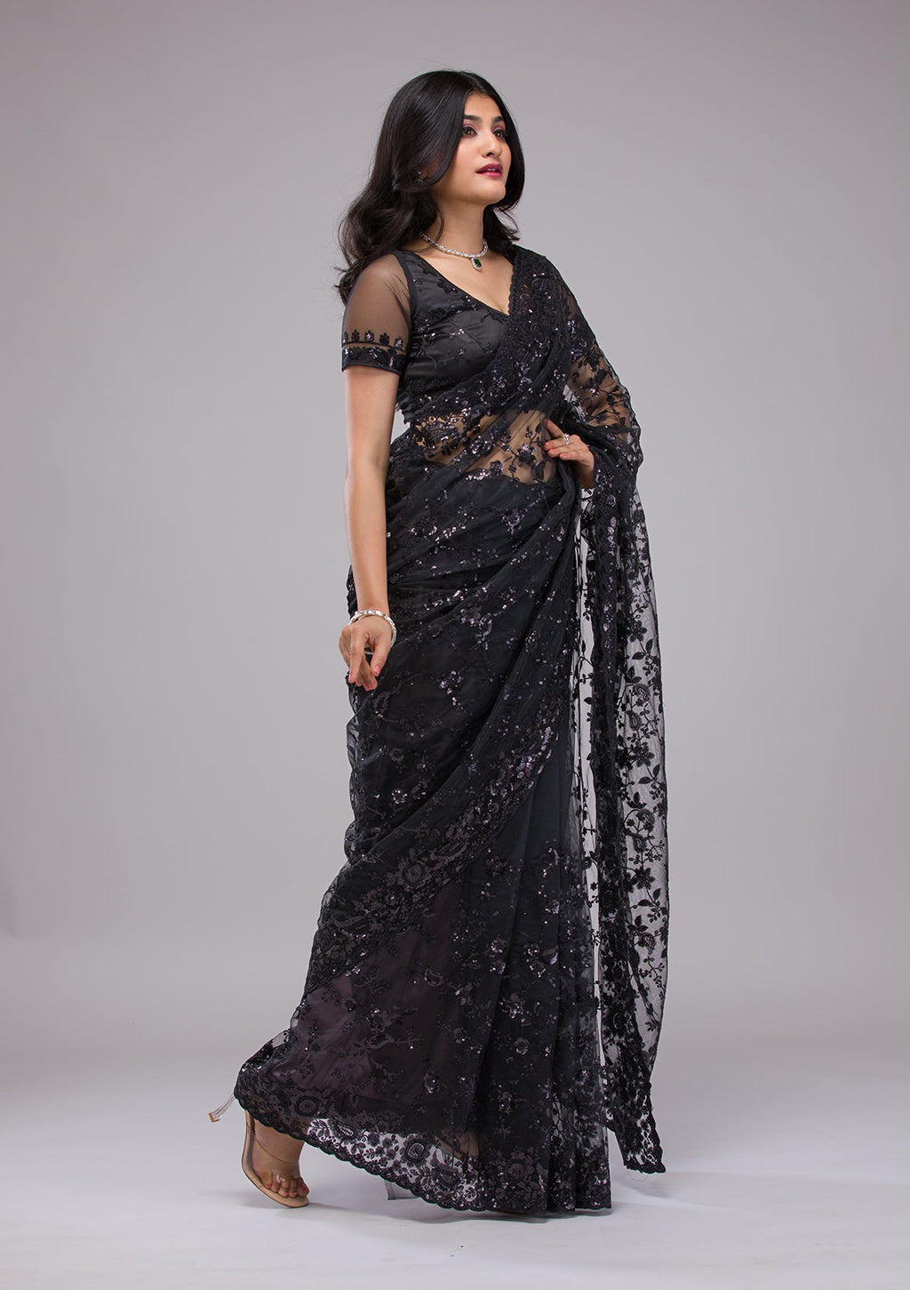 Black Sequins Net Saree
