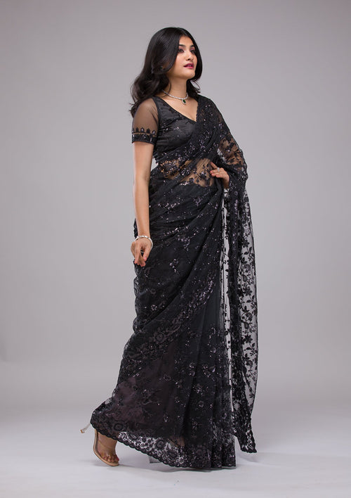 Black Sequins Net Saree