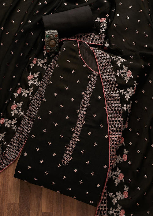 Black Sequins Semi Crepe Semi-Stitched Salwar Suit