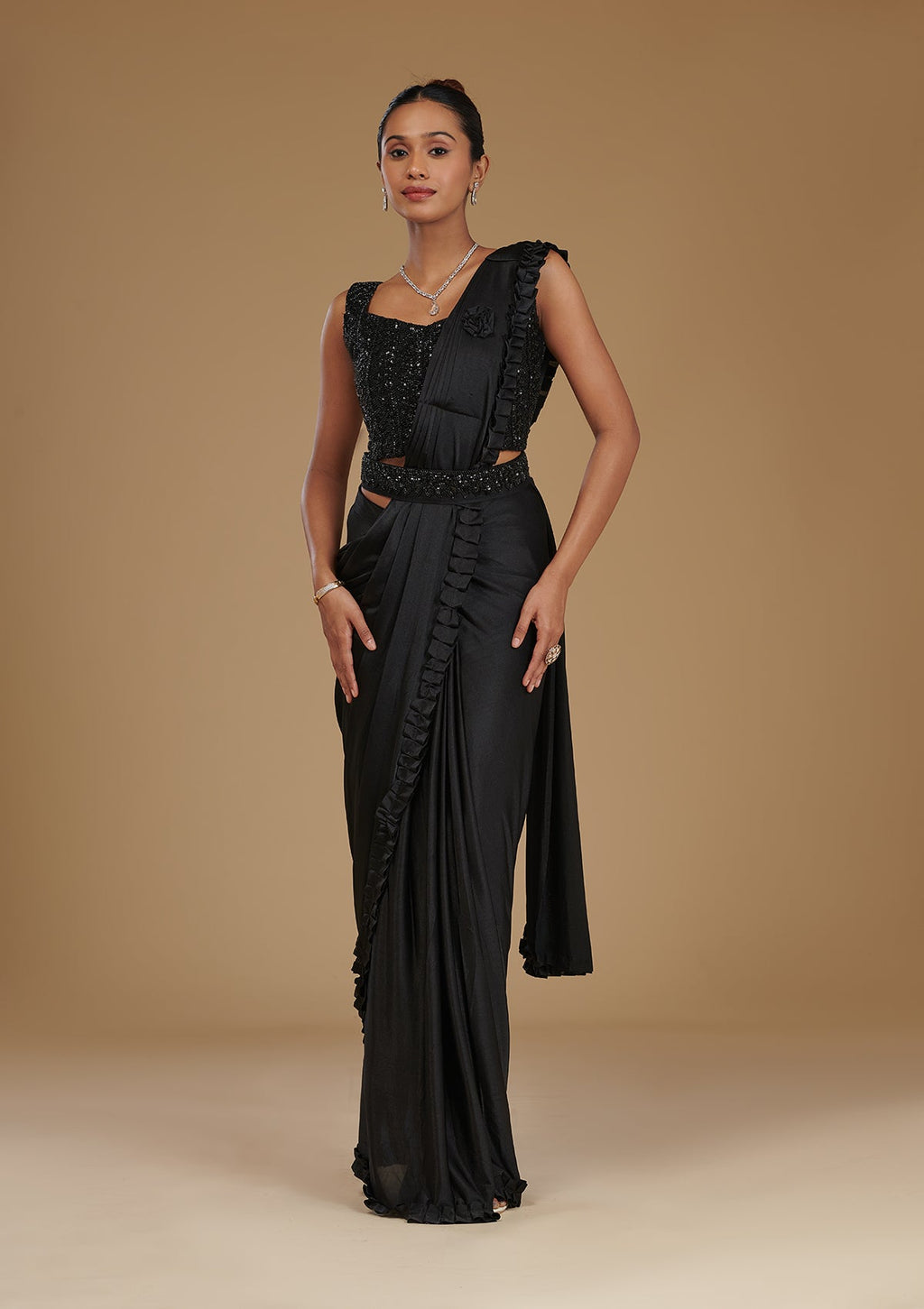 Black Stonework Satin Readymade Saree