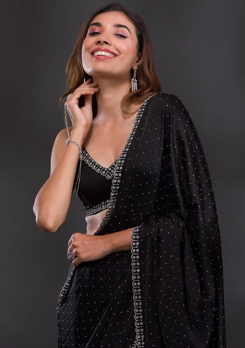 Black Stonework Satin Designer Saree