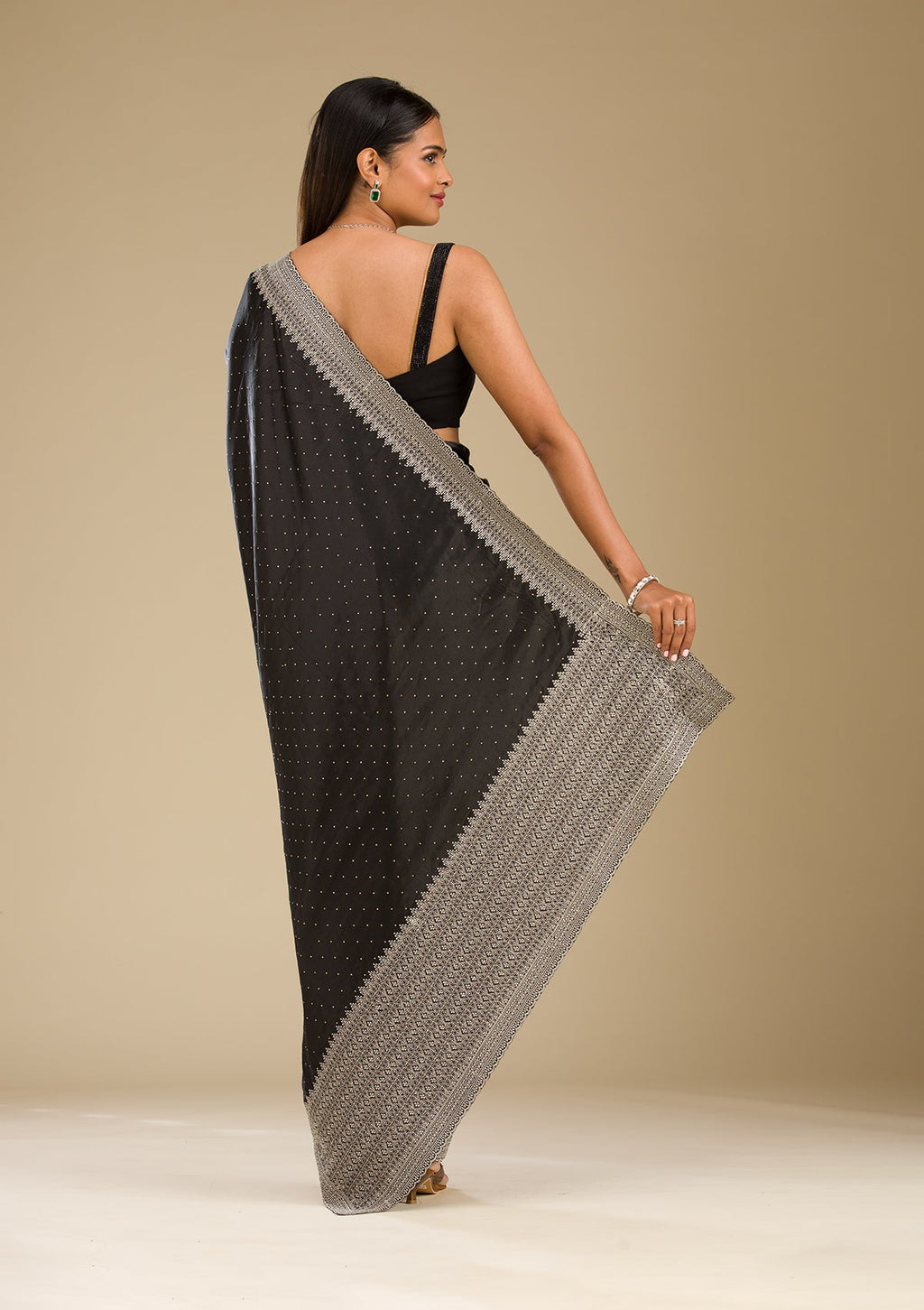 Black Stonework Satin Saree