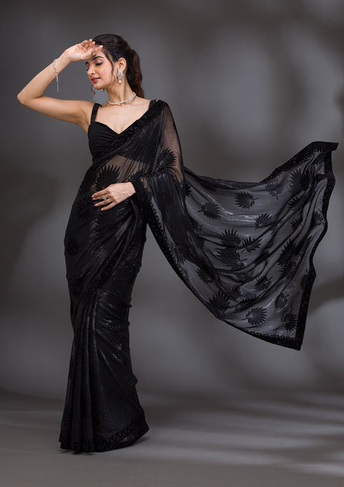 Black Swarovski Imported Fabric Saree