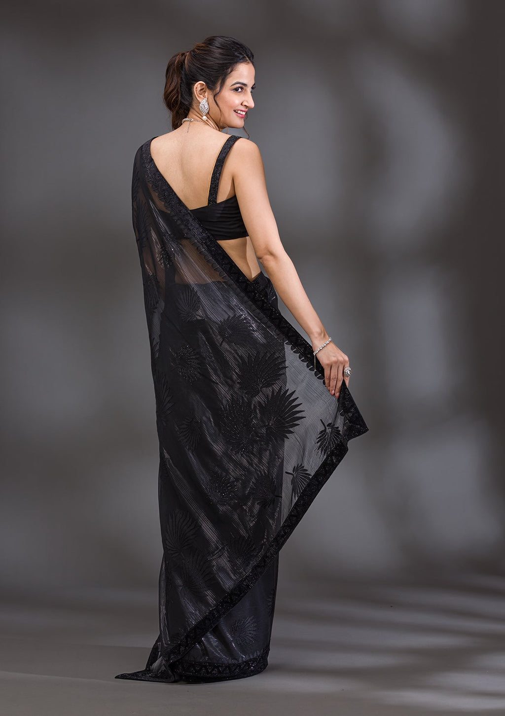 Black Swarovski Imported Fabric Saree