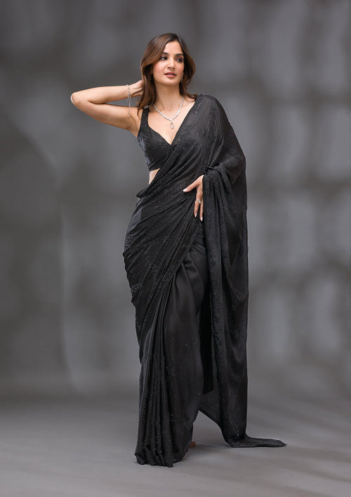 Black Swarovski Satin Saree