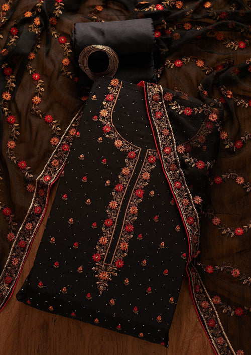 Black Threadwork Georgette Unstitched Salwar Suit