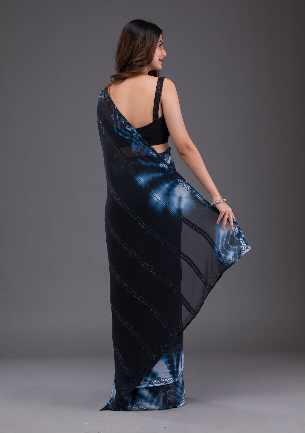 Black Swarovski Satin Saree
