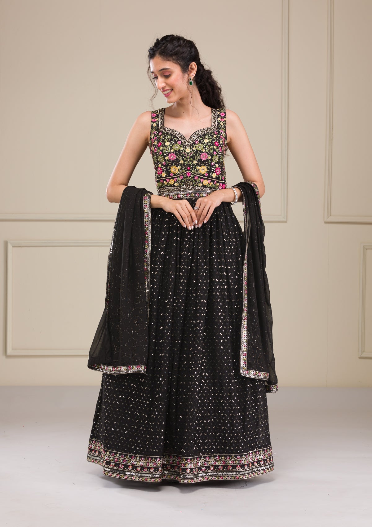 Black Threadwork Georgette Gown