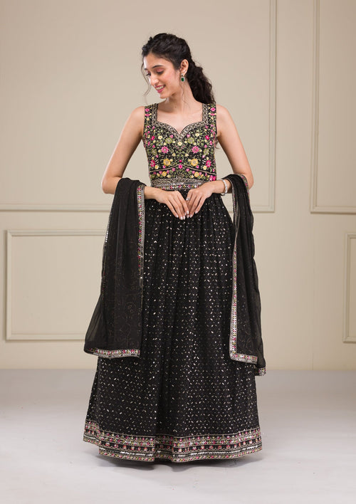 Black Threadwork Georgette Gown