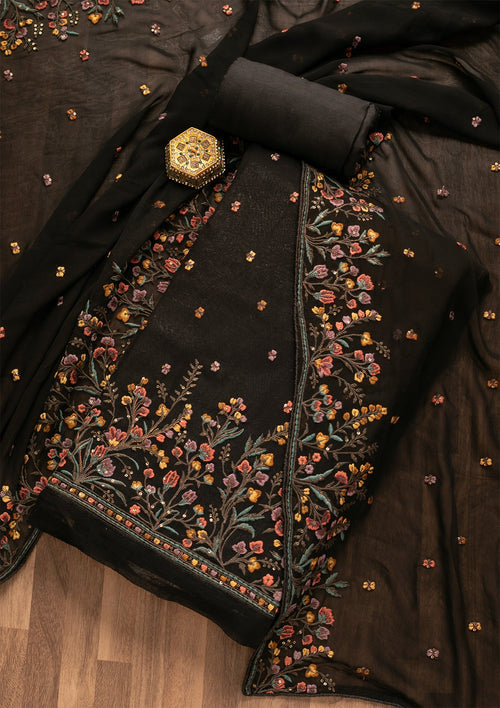 Black Threadwork Georgette Unstitched Salwar Suit