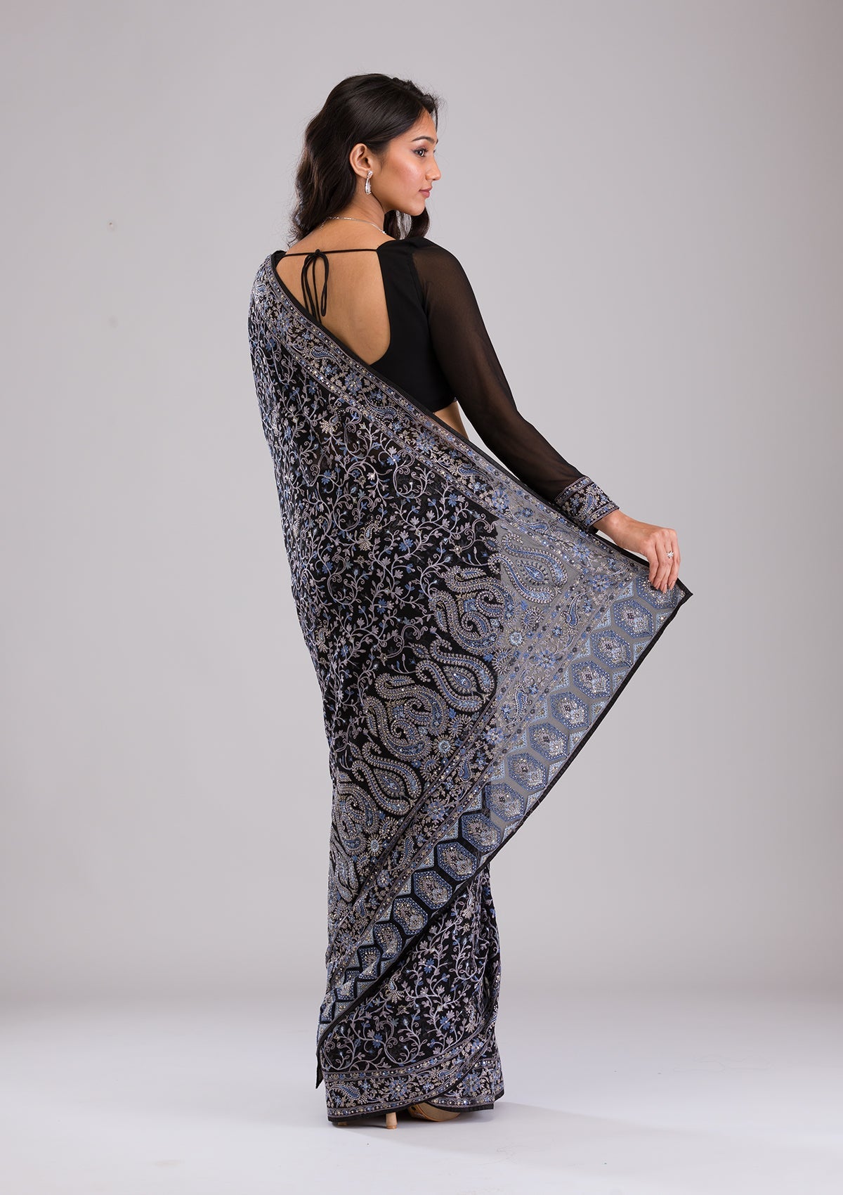 Black Threadwork Georgette Saree