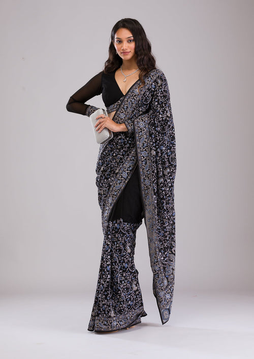 Black Threadwork Georgette Saree