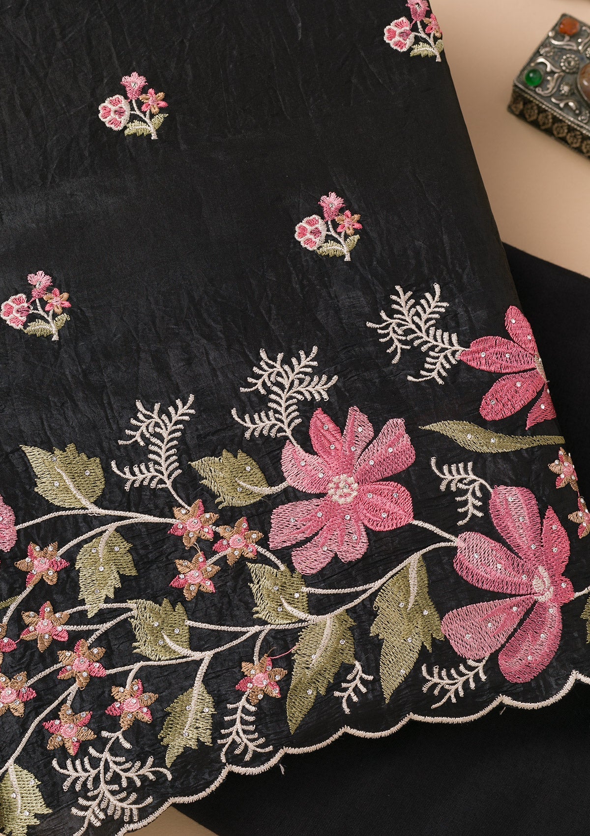 Black Threadwork Organza Unstitched Salwar Suit