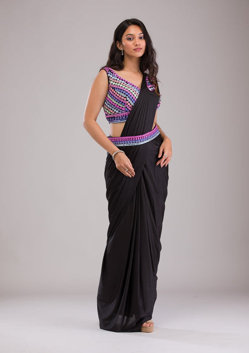 Black Threadwork Semi Crepe Saree