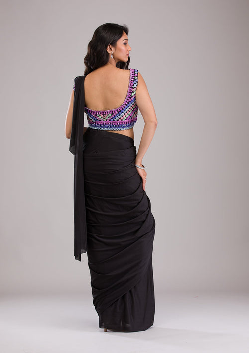 Black Threadwork Semi Crepe Saree