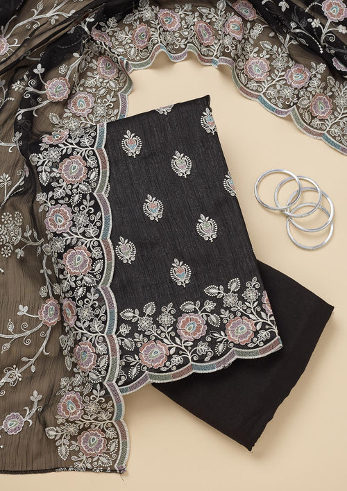 Black Threadwork Semi Crepe Unstitched Salwar Suit