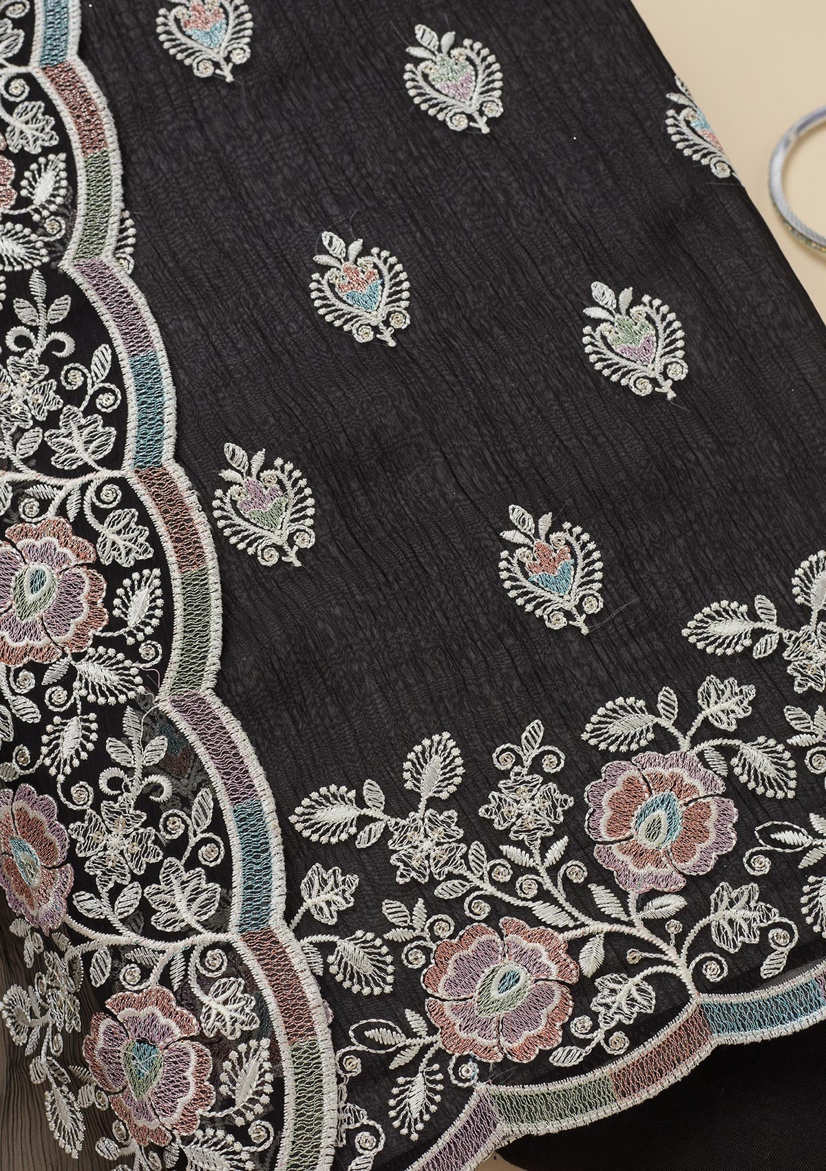 Black Threadwork Semi Crepe Unstitched Salwar Suit