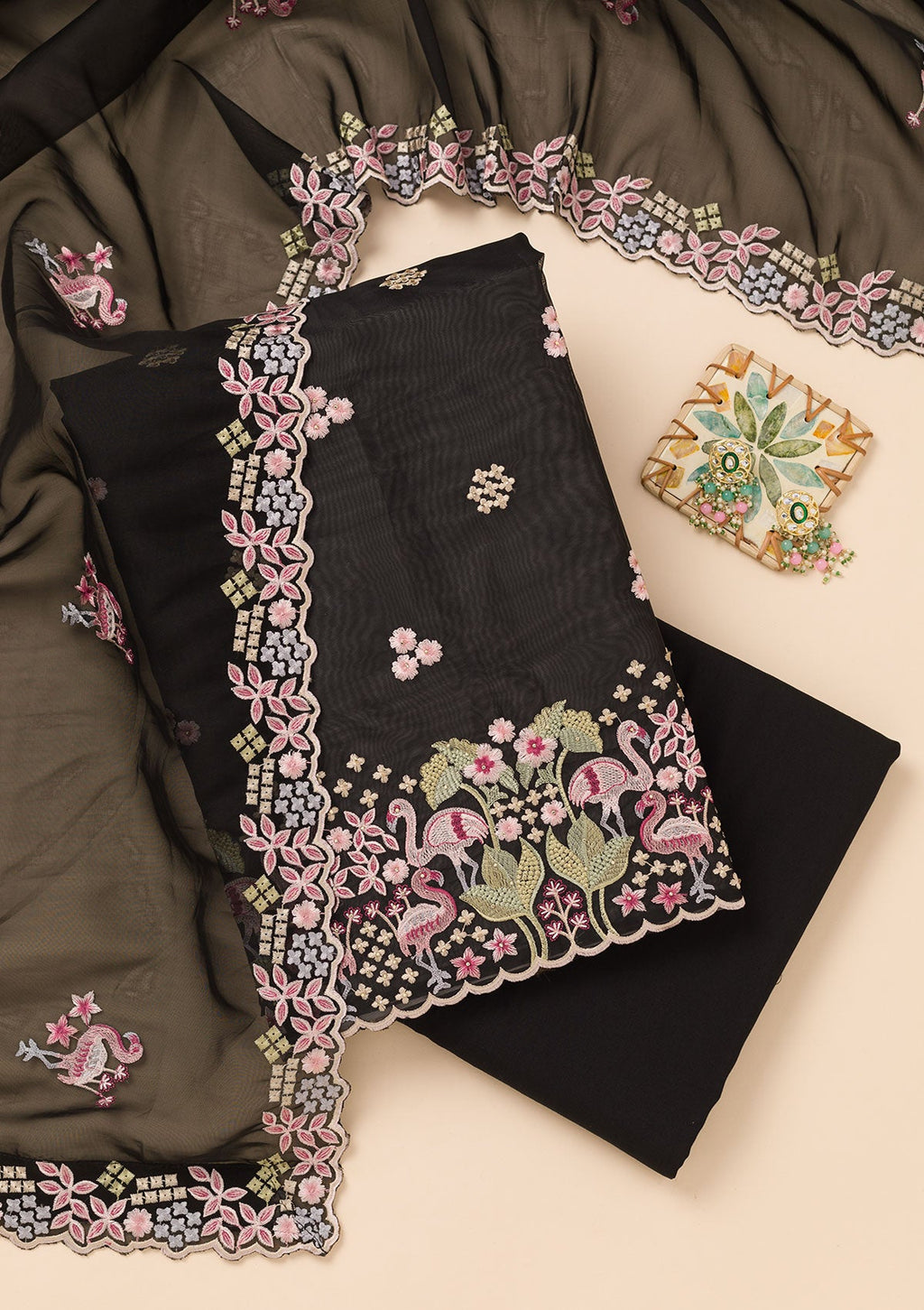 Black Threadwork Tissue Unstitched Salwar Suit