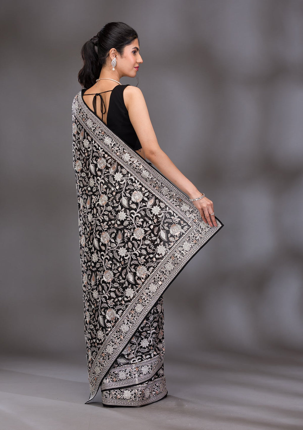 Black Threadwork Tissue Saree
