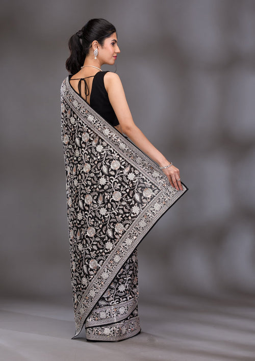 Black Threadwork Tissue Saree