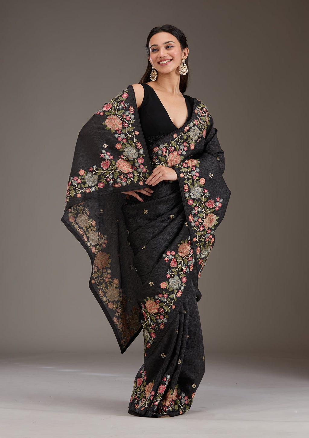 Black Threadwork Tissue Saree