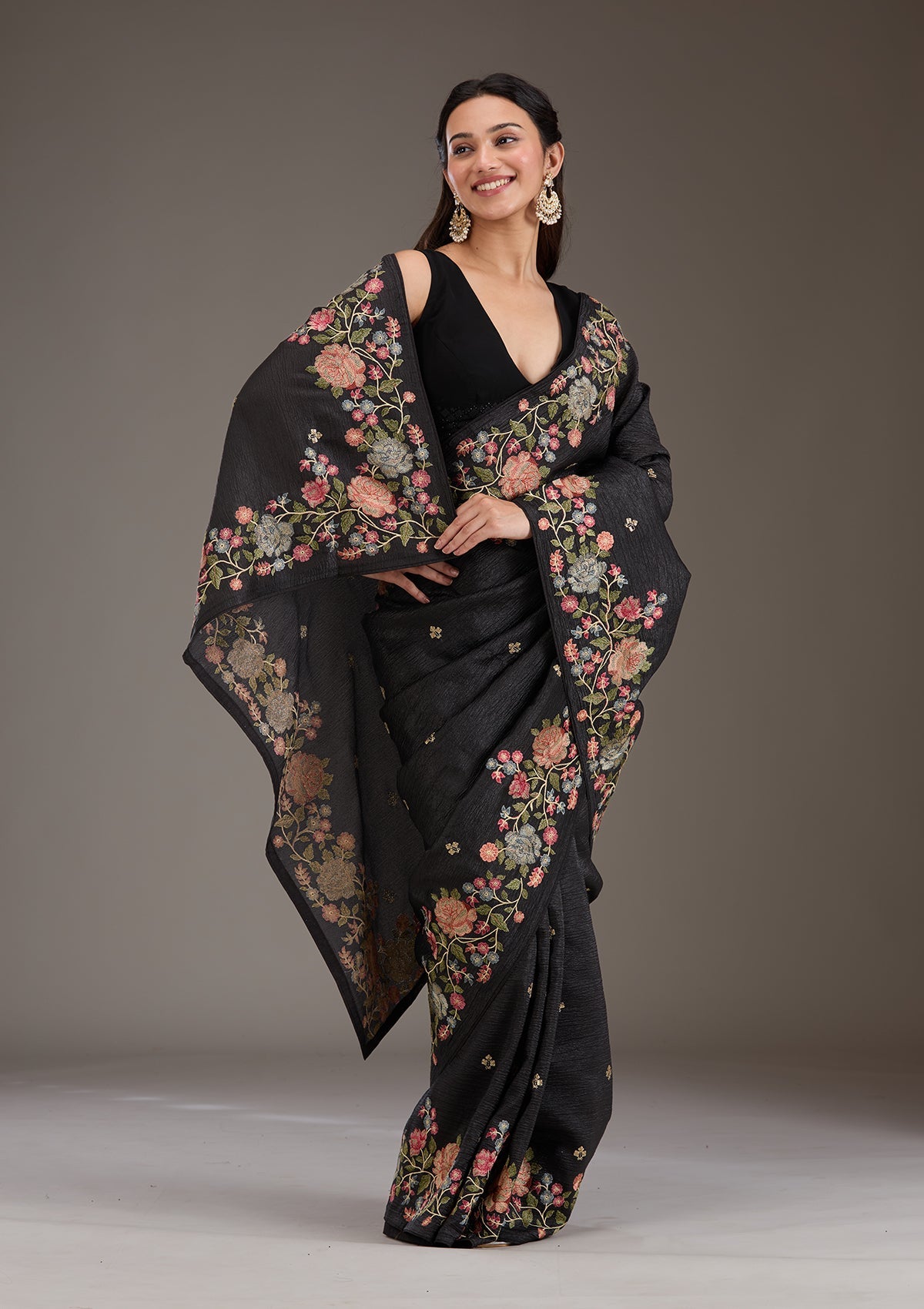 Black Threadwork Tissue Saree