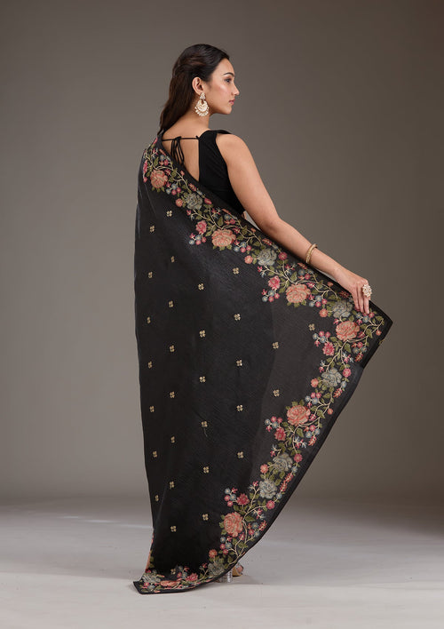 Black Threadwork Tissue Saree