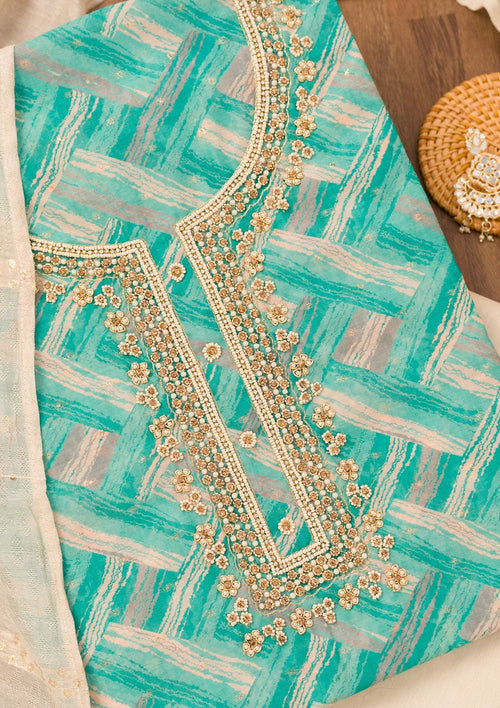 Blue Printed Chanderi Unstitched Salwar Suit