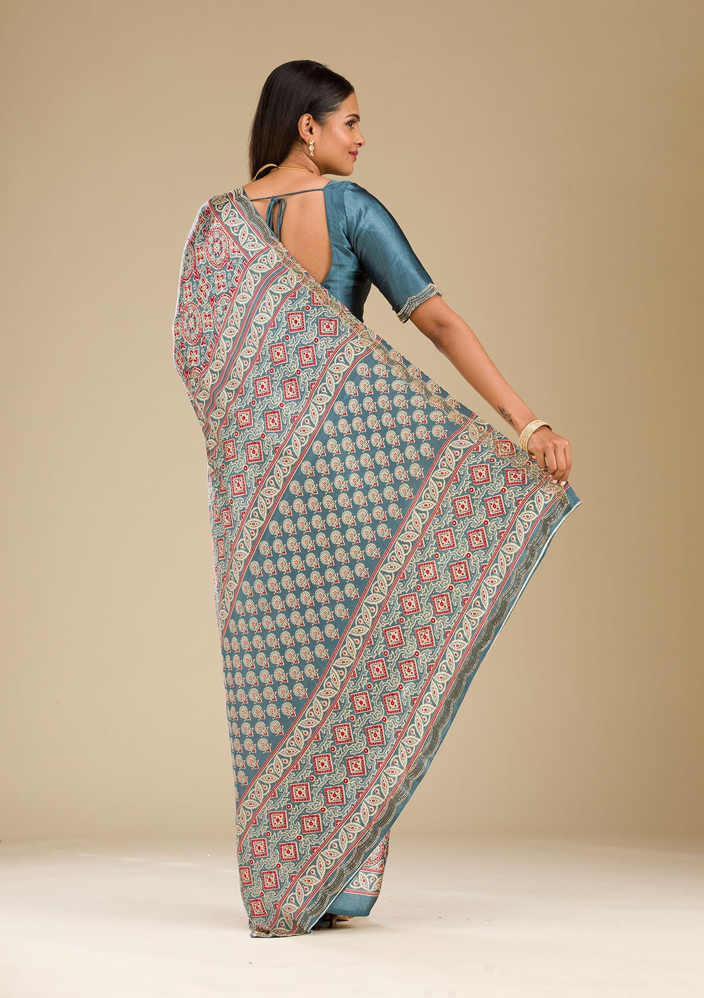 Blue Printed Satin Saree