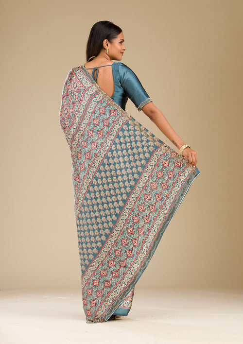 Blue Printed Satin Saree
