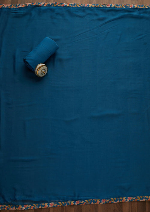 Blue Threadwork Semi Crepe Unstitched Salwar Suit