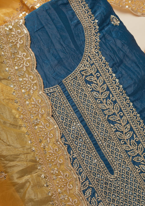 Blue Threadwork Semi Crepe Unstitched Salwar Suit