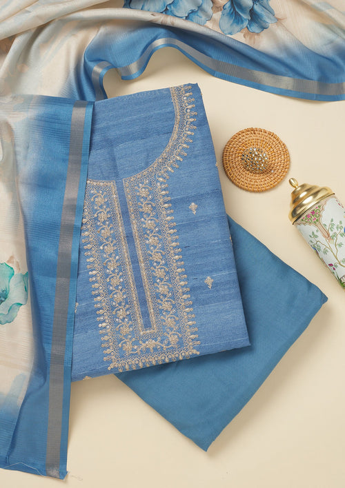 Blue Zariwork Raw Silk Unstitched Salwar Suit
