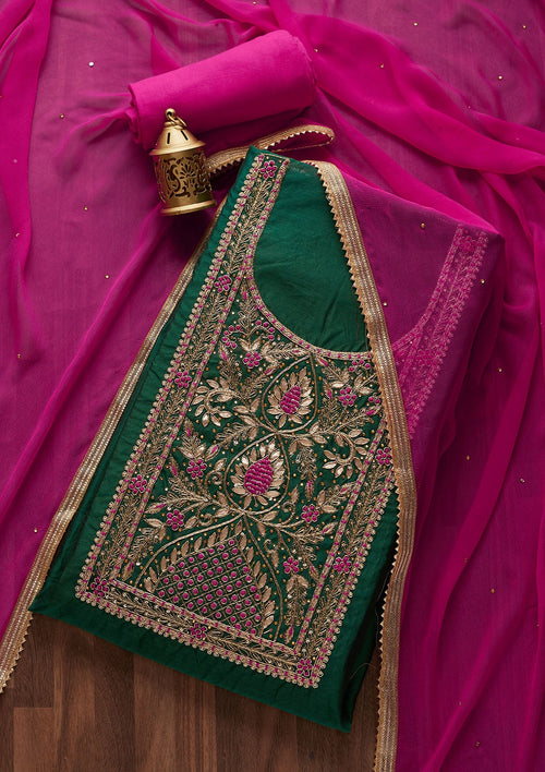 Bottle Green Gotapatti Raw Silk Unstitched Salwar Suit