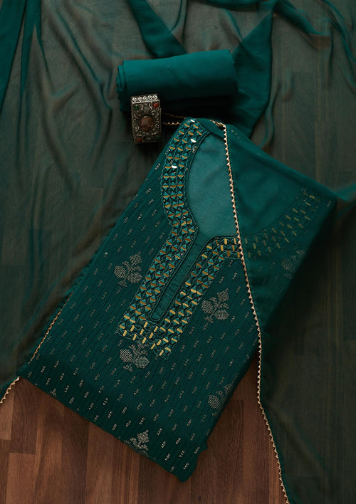 Bottle Green Mirrorwork Georgette Semi-Stitched Salwar Suit