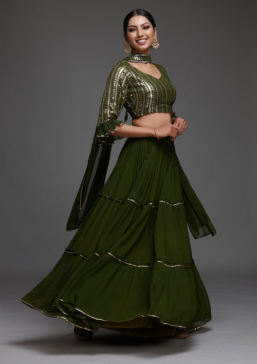 Bottle Green Sequins Georgette Readymade Lehenga