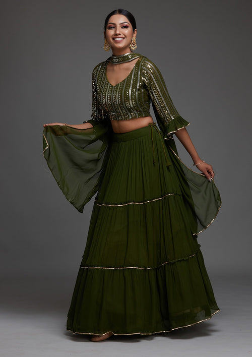 Bottle Green Sequins Georgette Readymade Lehenga