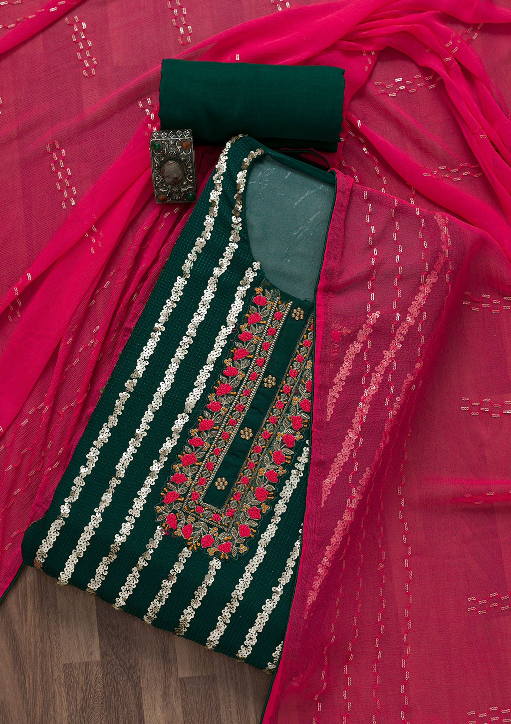Bottle Green Sequins Georgette Semi-Stitched Salwar Suit
