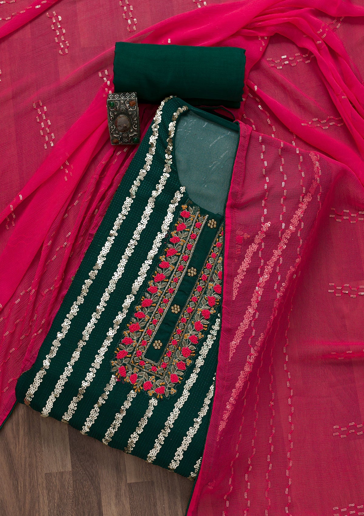 Bottle Green Sequins Georgette Semi-Stitched Salwar Suit