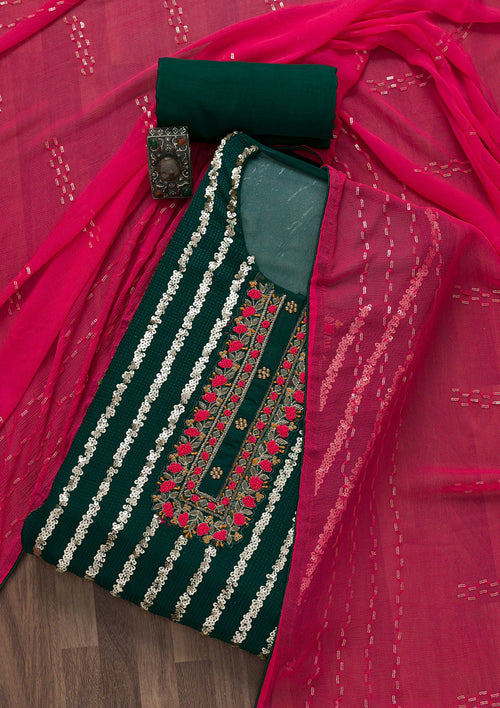 Bottle Green Sequins Georgette Semi-Stitched Salwar Suit