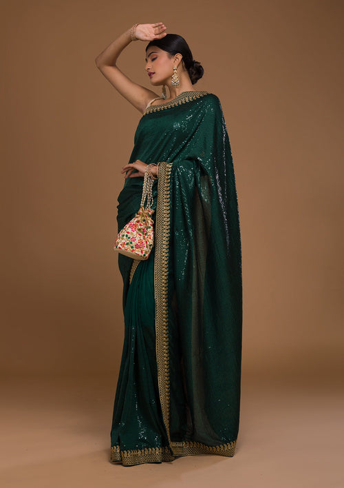 Bottle Green Sequins Georgette Designer Saree