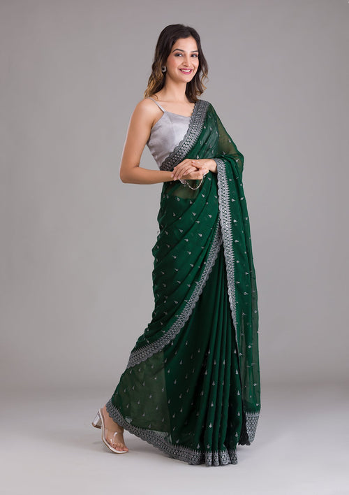Bottle Green Stonework Georgette Designer Saree