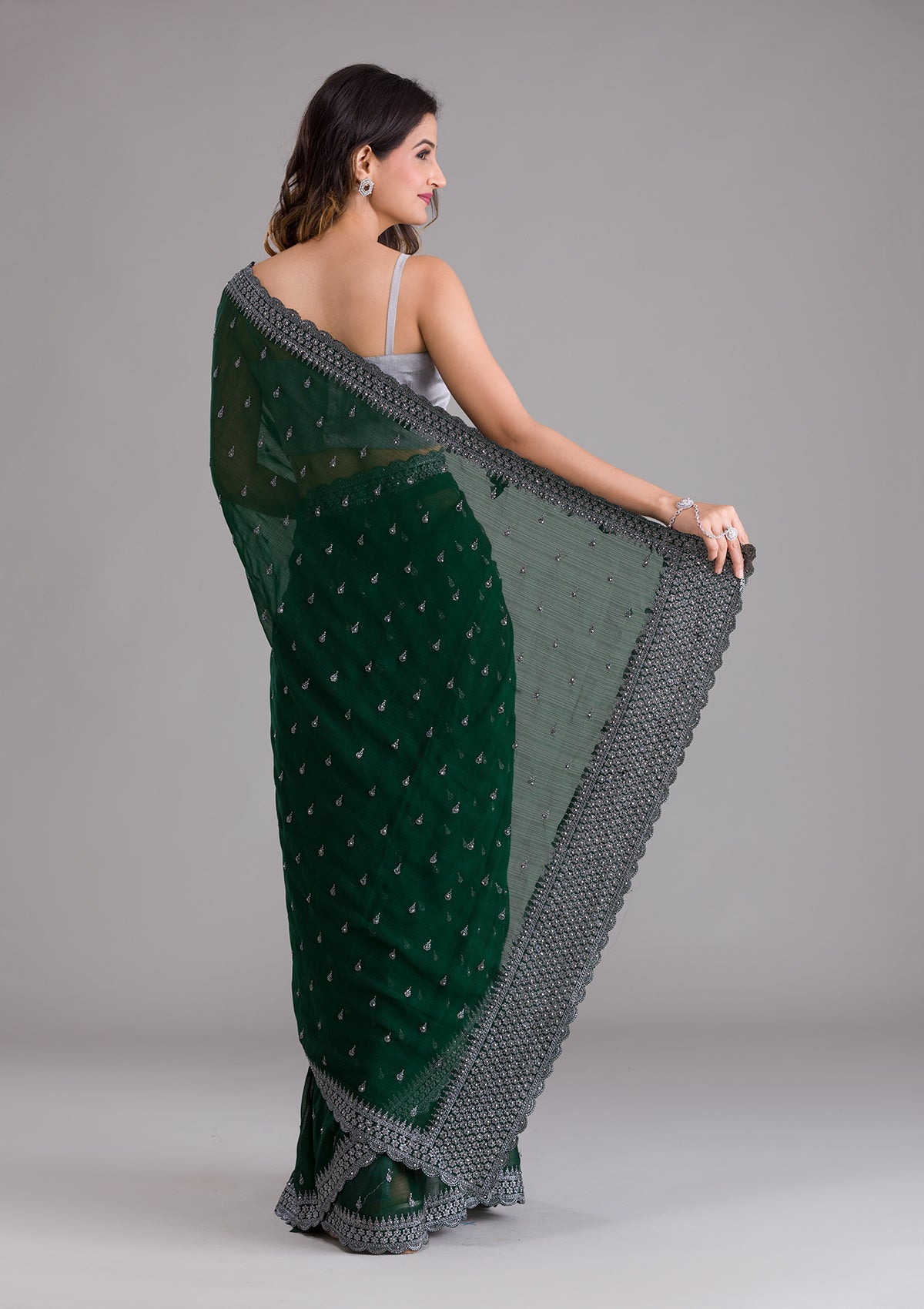 Bottle Green Stonework Georgette Designer Saree