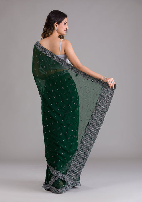 Bottle Green Stonework Georgette Designer Saree