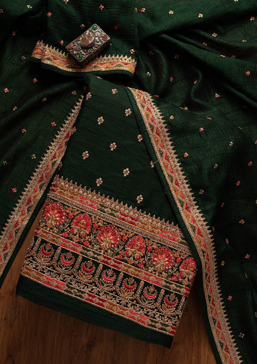 Bottle Green Sequins Raw Silk Unstitched Salwar Suit