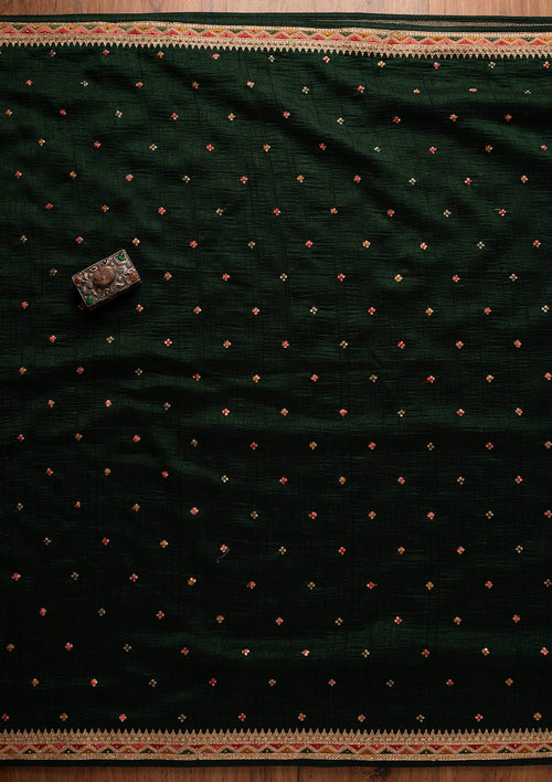 Bottle Green Sequins Raw Silk Unstitched Salwar Suit